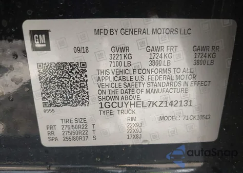 2019 Chevrolet Silverado 1500 High Country z USA, uszkodzony, nr VIN 1GCUYHEL7KZ142131